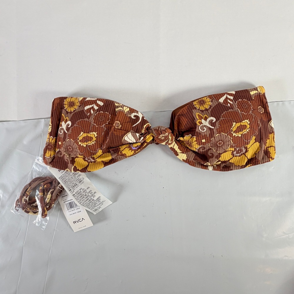 RVCA Earth Bloom Bandeau Bikini Top Brown Yellow Floral Size Medium NWT
